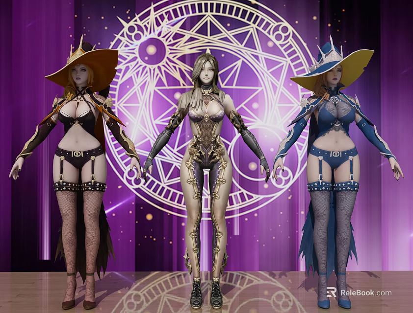 Three Female Game Movie Characters In Witch Costumes With Magic Circle And Purple Curtain 3d model 