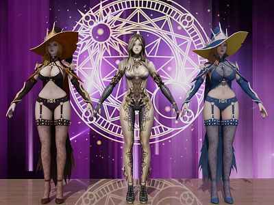 Three Female Game Movie Characters In Witch Costumes With Magic Circle And Purple Curtain 3d model