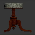 Traditional Red Wooden Stool With Round Patterned Seat And Carved Legs