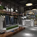 Modern Clothing Store Interior With Clothes On Hangers Wooden Display Table And Green Plants