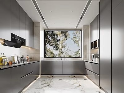 Modern Kitchen Interior Design With Dark Gray Cabinets Large Window And Marble Floor 3d model