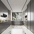Modern Kitchen Interior Design With Dark Gray Cabinets Large Window And Marble Floor