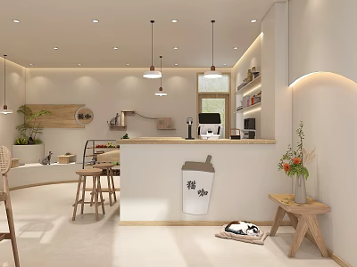 Modern Cafe Interior Design With Wooden Counter Pendant Lights Green Plants And Cozy Seats 3d model