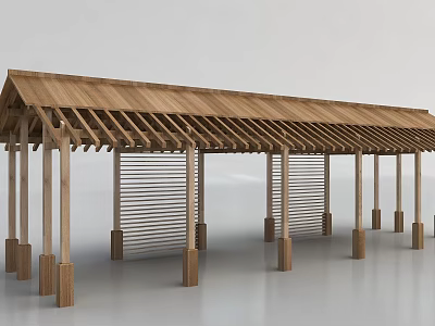 Natural Outdoor Wooden Pergola With Traditional Roof Beams And Lattice Columns 3d model