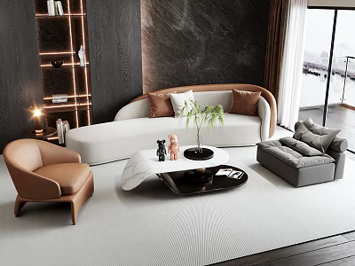 Modern Living Room Interior With Curved Sofa Coffee Table Set And Accent Chair 3d model