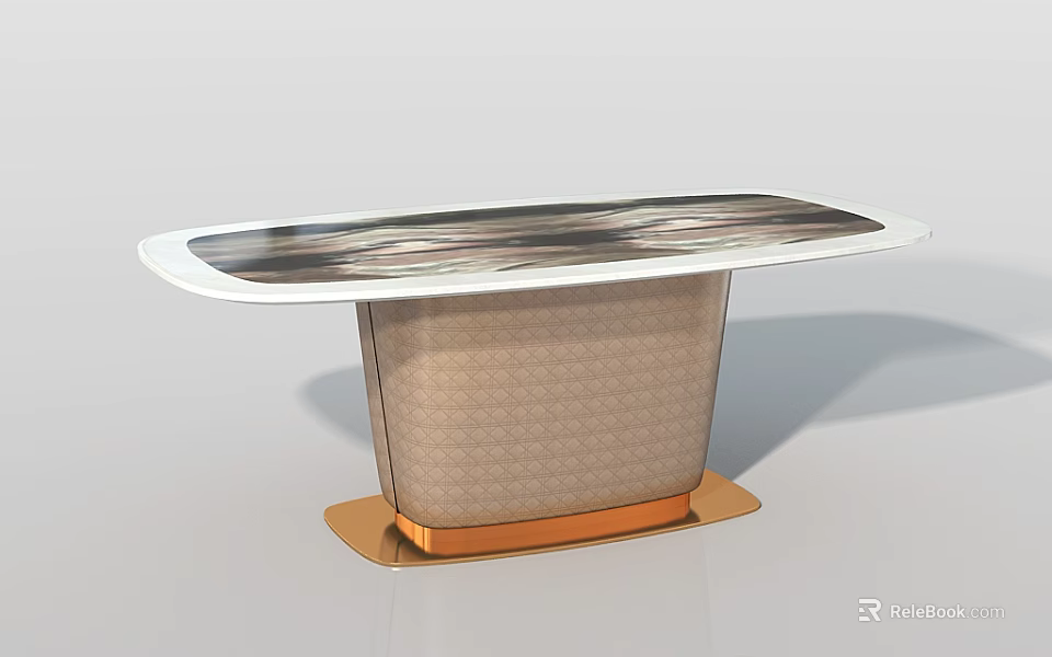 Oval Dining Table With Marble Pattern Surface And Textured Beige Base Gold Trim 3d model