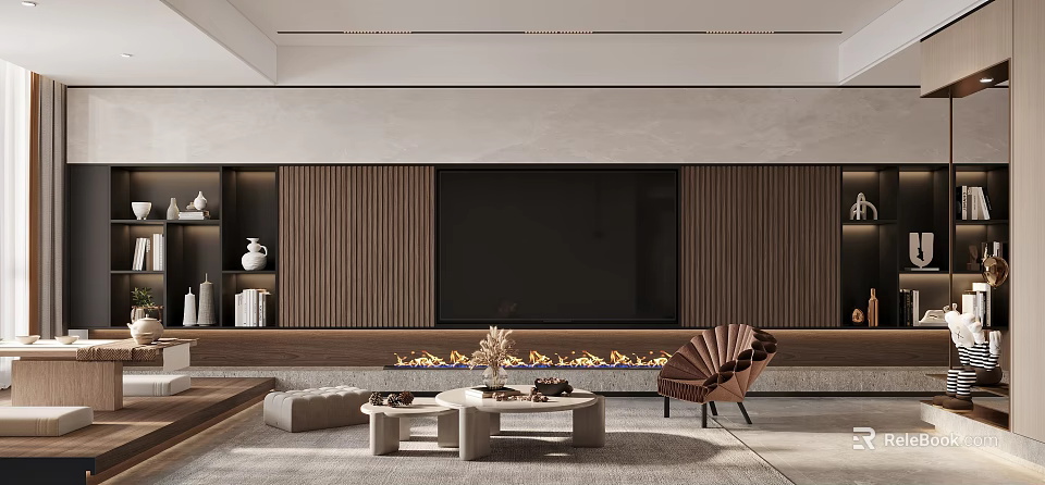 Open Concept Modern Living Dining Room Interior With TV Wall Fireplace And Wooden Elements 3d model