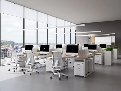 Modern Public Office Space With Large Windows White Chairs Desks And Green Plants 3d model