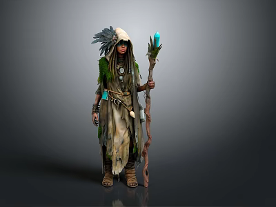 Traditional Tribal Character Wearing Feather Headdress And Glowing Staff With Mossy Attire 3d model