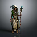 Traditional Tribal Character Wearing Feather Headdress And Glowing Staff With Mossy Attire