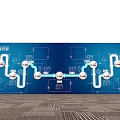 Activity Exhibition Wall With Blue Background Flowchart Icons Logo And Technical Diagrams