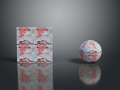 Abstract Landscape With Red White Textured Cracked Square Sphere Gray Background And Reflections 3d model