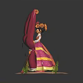 Traditional Dressed Girl With Floral Hair And Colorful Butterflies Near Red Curtains On Wooden Platform