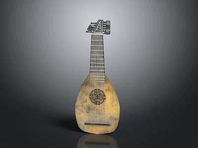 Vintage Wooden Home Decor Lute With Carved Patterns And String Details 3d model