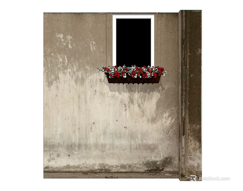 Red and White Flowers in Hanging Flower Pot on Weathered Wall Window 3d model 