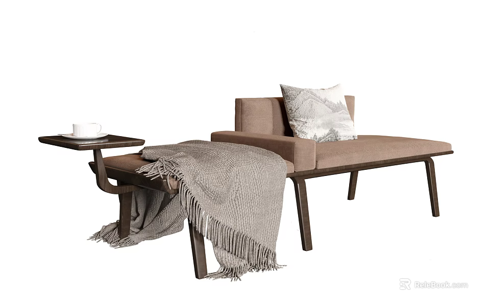 Beige Chaise Lounge With Decorative Pillow Knit Blanket And Side Table With White Cup 3d model 