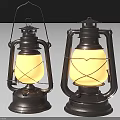 Pair Of Vintage Candle Lanterns With Black Metal Frame Glass Shade And Warm Yellow Light