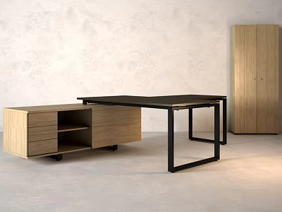 Modern Office Desk With Black Top Metal Frame Light Wood Cabinet And Tall Storage 3d model