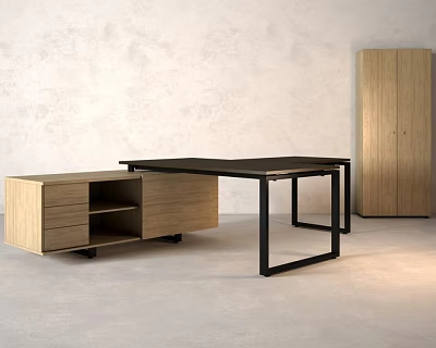Modern Office Desk With Black Top Metal Frame Light Wood Cabinet And Tall Storage 3d model