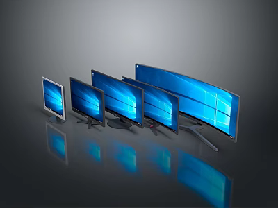 Computer Monitors In Different Sizes With Blue Screens Arranged In A Row 3d model