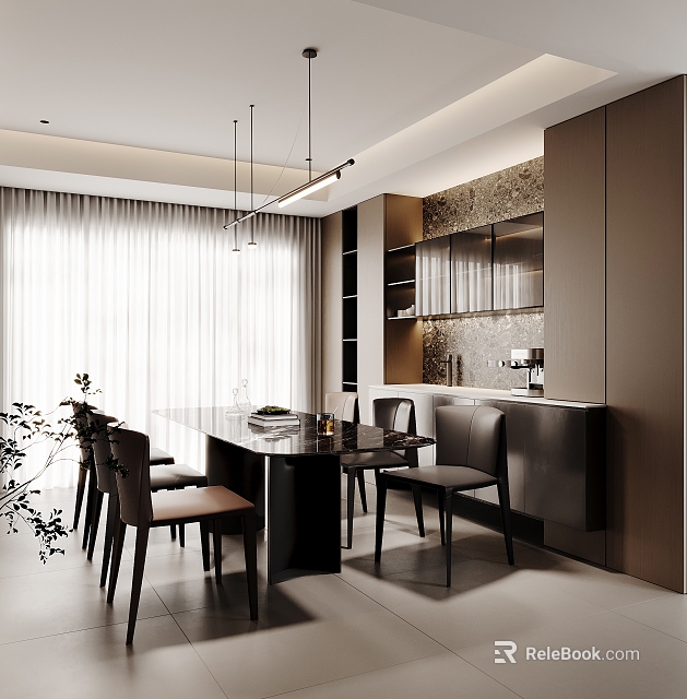 Modern Restaurant Dining Area With Wooden Table Leather Chairs Pendant Lights Marble Wall And Green Plants 3d model 