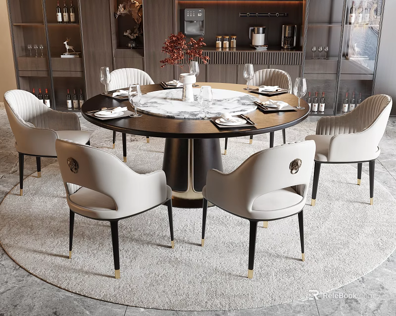 Elegant Round Dining Table Set With White Chairs And Black Legs Marble Top 3d model 