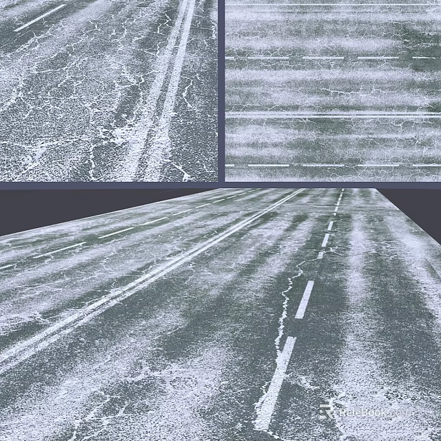 Cracked Road Surface With White Lane Stripes And Weathered Asphalt Texture 3d model 