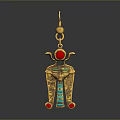 Egyptian Style Golden Earrings With Red And Blue Gemstone God Figure Design