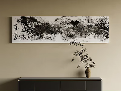Abstract Painting in Black and White Ink Style with Bamboo Vase and Cabinet on Wall 3d model
