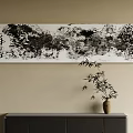 Abstract Painting in Black and White Ink Style with Bamboo Vase and Cabinet on Wall
