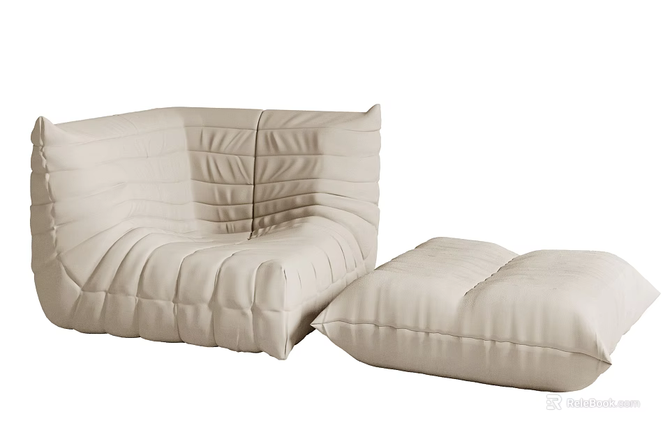 Comfortable Light Beige Bean Bag Chair With Quilted Design And Matching Ottoman For Living Room 3d model 