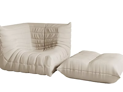Comfortable Light Beige Bean Bag Chair With Quilted Design And Matching Ottoman For Living Room 3d model