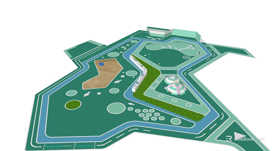 Park Landscape Layout With Green Spaces Water Features Pathways Circular Areas And Architectural Structure 3d model