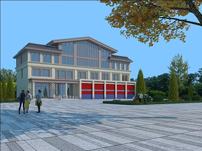 Multi story Fire Station Building With Red Garage Doors Front Plaza And Surrounding Trees 3d model