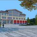 Multi story Fire Station Building With Red Garage Doors Front Plaza And Surrounding Trees
