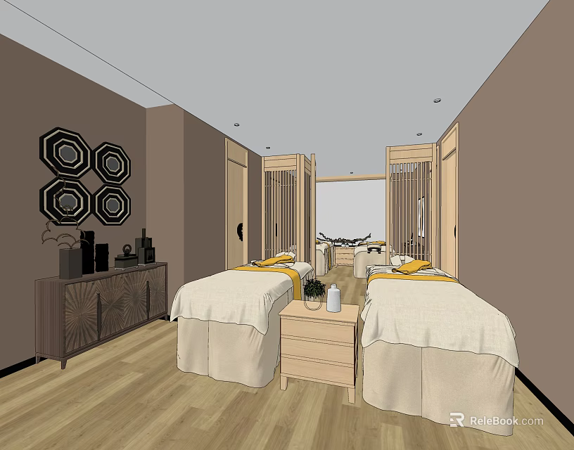 Luxurious SPA Room Interior With Massage Beds Wooden Floor And Wall Decor 3d model 