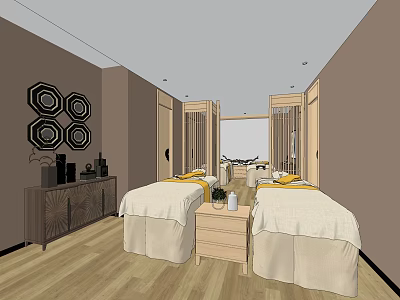Luxurious SPA Room Interior With Massage Beds Wooden Floor And Wall Decor 3d model