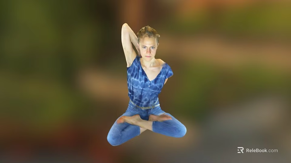 Game Movie Character In Blue Outfit Doing Cross Legged Floating Pose With Blurred Natural Background 3d model 