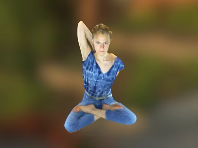 Game Movie Character In Blue Outfit Doing Cross Legged Floating Pose With Blurred Natural Background 3d model
