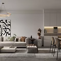 Modern Living Dining Room Interior With Beige Sofa Coffee Table Circular Chandelier And Abstract Artwork