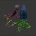 Rustic Household Items Featuring Green Liquid Bottle Horn Container Wooden Handle Sickle And Green Plants