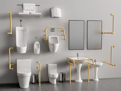 Modern Bathroom Interior Toilet With Golden Handrails Mirrors Sinks And Shelves 3d model