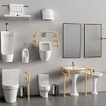 Modern Bathroom Interior Toilet With Golden Handrails Mirrors Sinks And Shelves