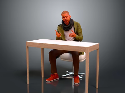 A Man Sitting At Wooden Table Gesturing In Green Jacket Black Scarf And Red Shoes 3d model