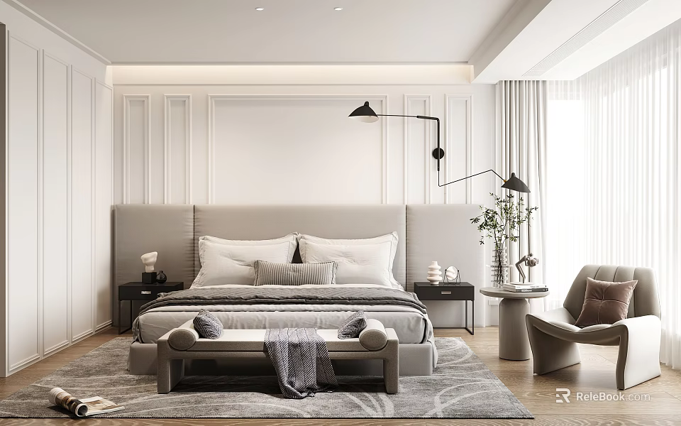 Modern Minimalist Bedroom Interior With Gray Bed Nightstands Floor Lamp And Accent Chair 3d model 