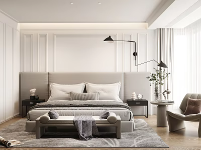 Modern Minimalist Bedroom Interior With Gray Bed Nightstands Floor Lamp And Accent Chair 3d model