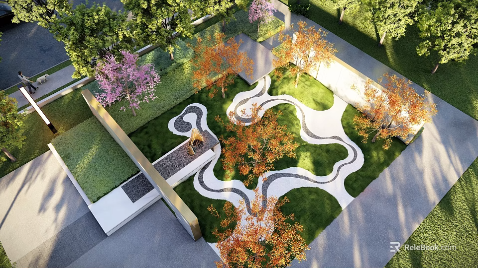 Modern Garden Wall With Curved Pathway Green Lawn And Colorful Trees 3d model 