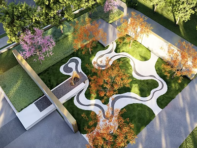 Modern Garden Wall With Curved Pathway Green Lawn And Colorful Trees 3d model