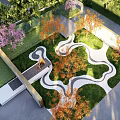 Modern Garden Wall With Curved Pathway Green Lawn And Colorful Trees