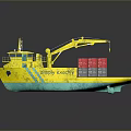 Yellow and Teal Cargo Ship With Yellow Crane Lifting Red Container Shipping Company on Hull